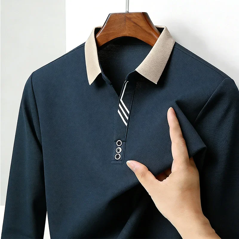

Men's Long Sleeve Contrast Collar Polo Shirt Spring Autumn Casual Business Clothing Men's Comfortable Daily Top