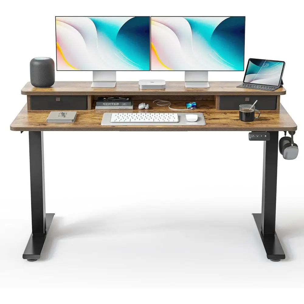 

Vintage Brown 55 x 24 Electric Height Adjustable Desk with Double Desks, 4 Adjustable Feet & 2 Hooks, Suitable for Home Office U