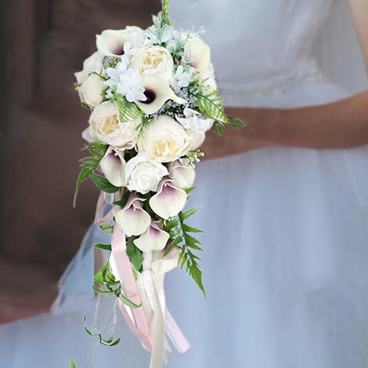 

Wedding Bridal Bouquet, Bride Artificial Calla Lily Peony Flowers with Ribbons, Bridesmaid Fake Flower Bunch 21.65 Inch