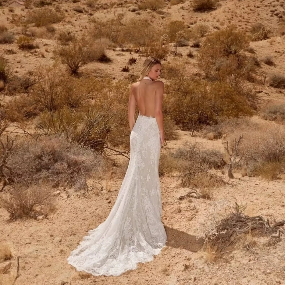 Customized Lace Wedding Dresses For Bride Halter High Quality Backless Elegant White Bridal Cheap A-line for Floor-Length Simple
