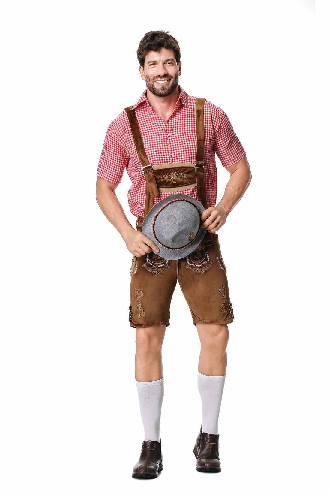 M-XXL Men German Oktoberfest Lederhosen Costume Short Sleeve Plaid Shirt Suspenders Hat Set Beer Festival Male Cosplay Halloween