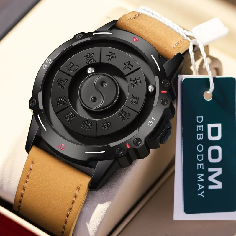 DOM 1737 New Minimalist Novelty Dial Scaleless Belt Creative Scrolling Pointer Cool Trend Magnetic Force Fashion Watch For Men's