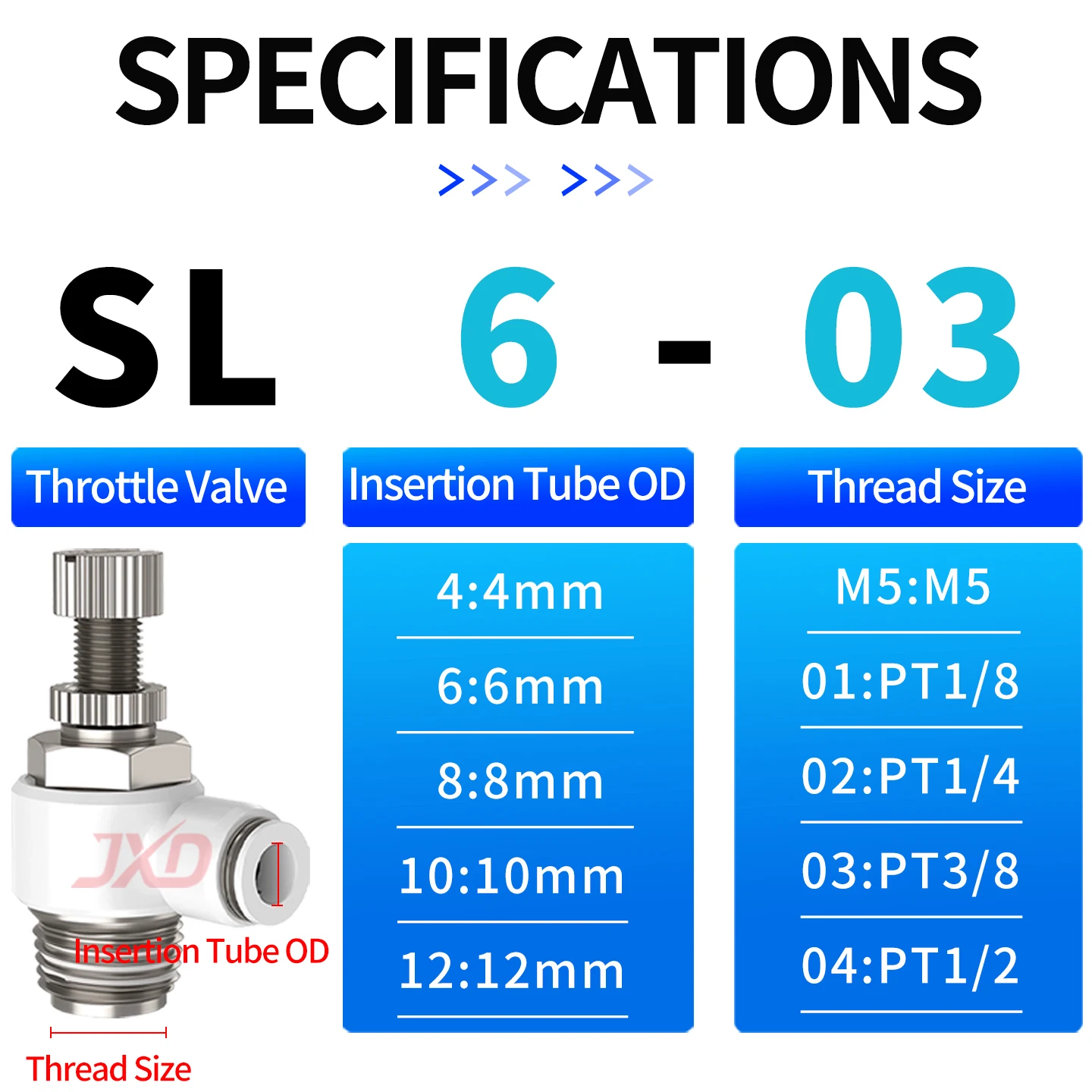 JXD SL Pneumatic Air Tube Quick-Connect Throttle Valve SL4/6/8/10/12-M5-01/02/03/04 Cylinder Speed Control Valve