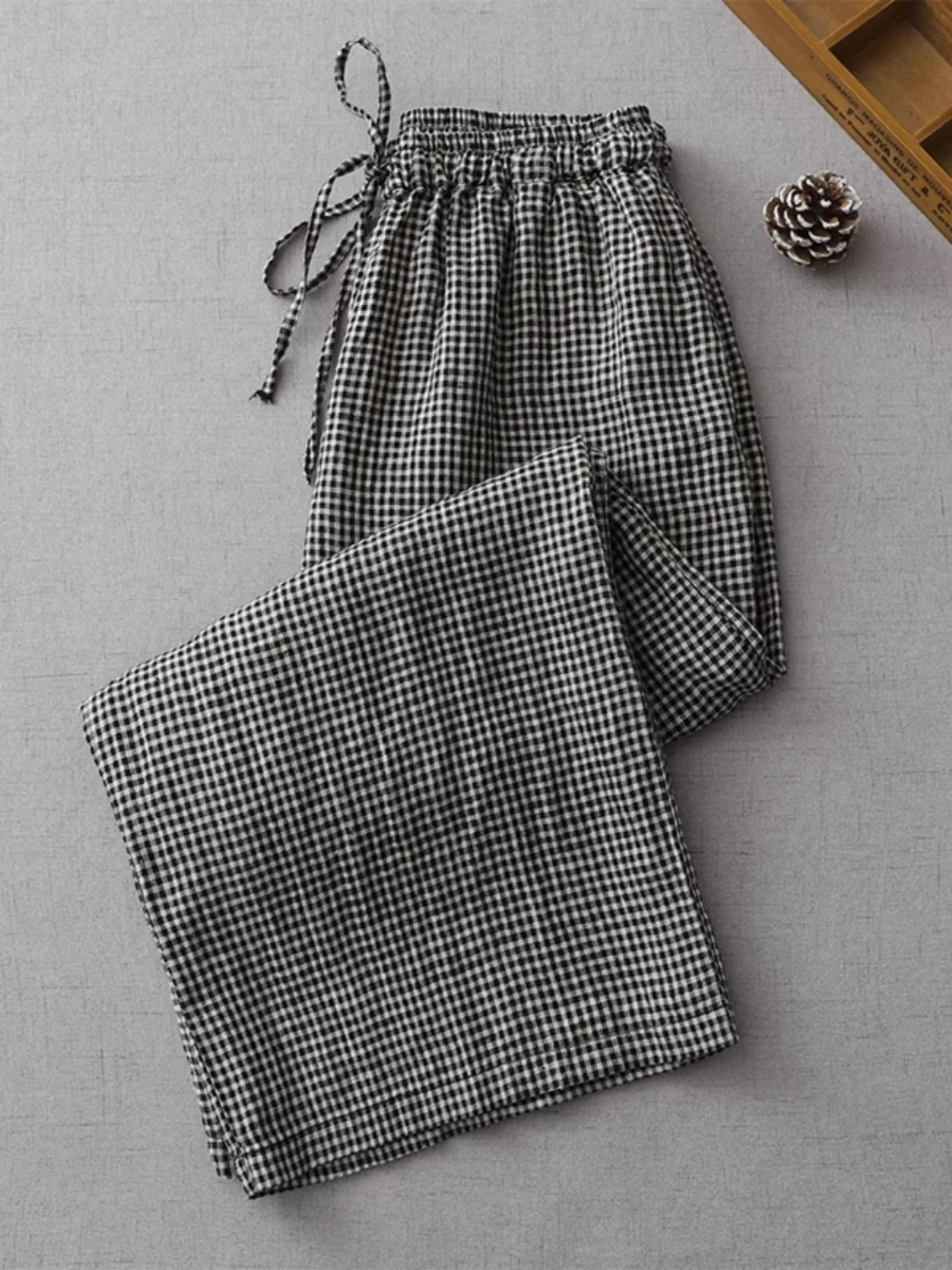 Retro Plaid Cotton Linen Wide Leg Pants Casual Nine Points Women's Bottoming Trousers Spring Season Regular Thickness