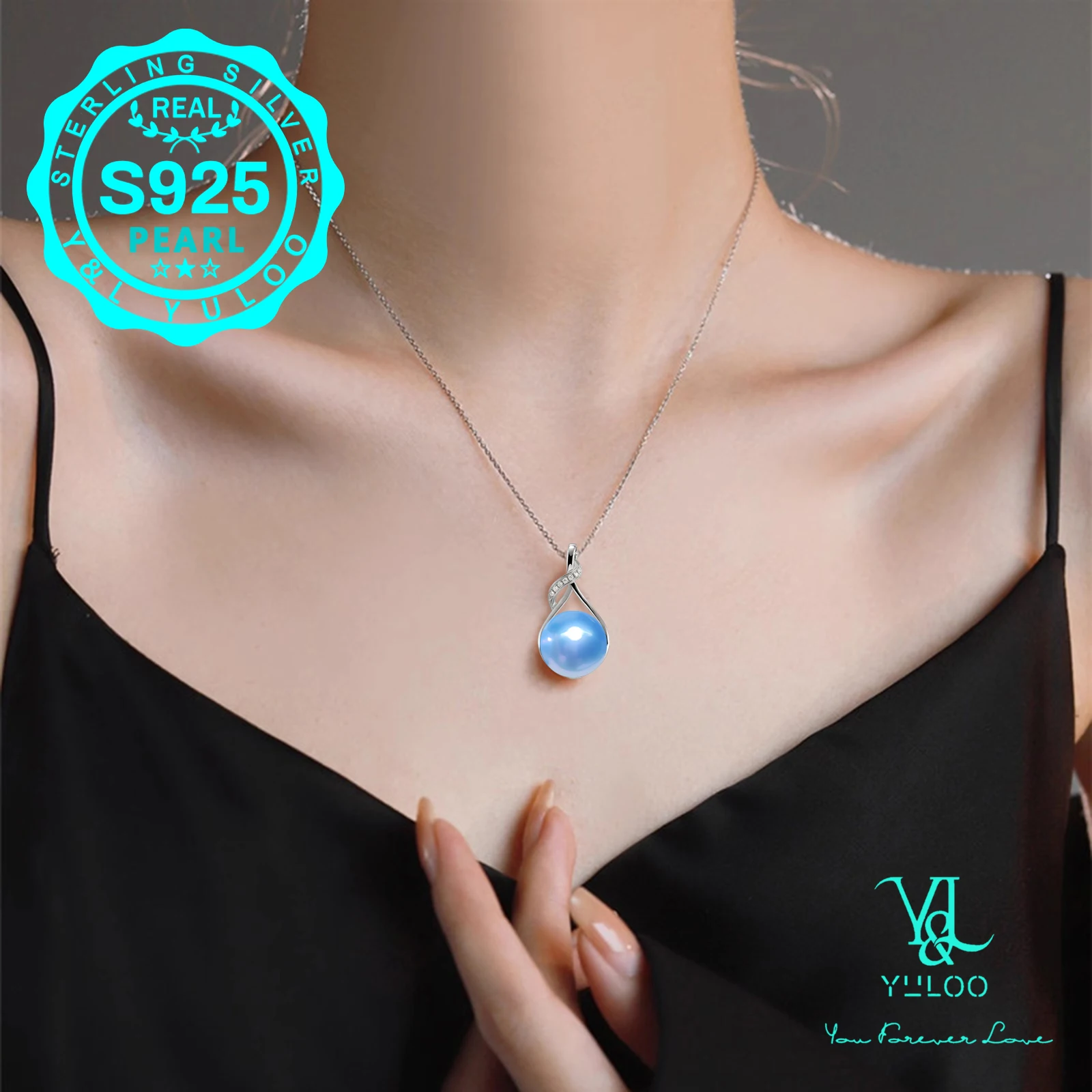 Akoya Round Blue Pearl 11-12MM Infinite Love Pendant Necklace S925 Sterling Silver - Exquisite Elegant 18+2/20+2 Inch