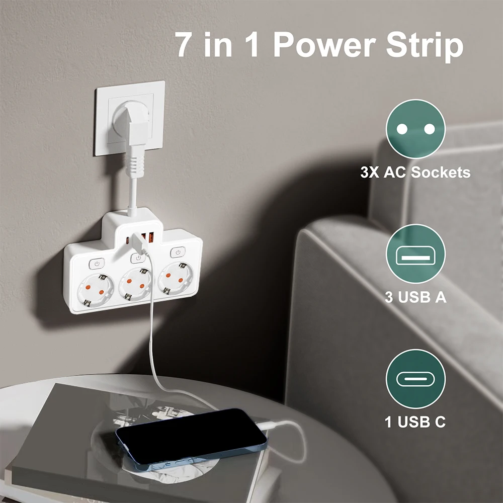 EU AC Plug Power Strip Multitap plug extender Wall Mounted Independent Switch With USB C Charging Network Filter Adapt