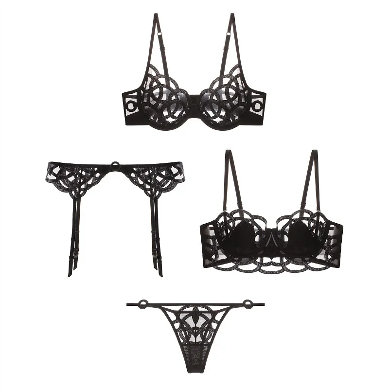 

French Sexy Underwear Women's Big Breasts Show Small Gathering Thin Breathable Mesh Embroidered Bra Set