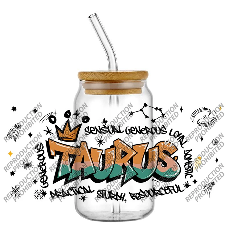 Colorful Graffiti Zodiac Traits Horoscope UV DTF Transfer Wraps Easy Apply Fade Resistant For 16oz Glass Jar DIY Cup Stickers