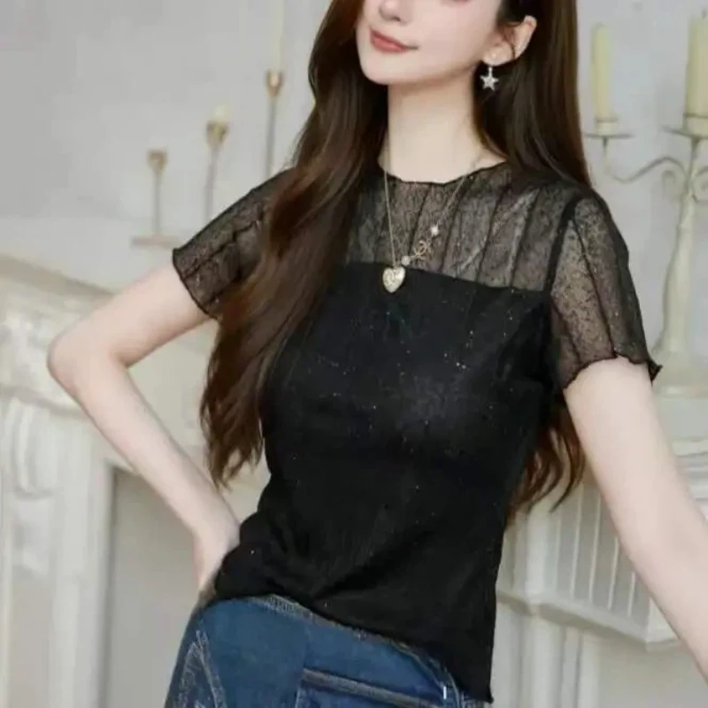 White Square Neck Short Sleeve T-Shirt With Lace Detailing Sweet Style For Women Casual Office Wear Summer Fashion