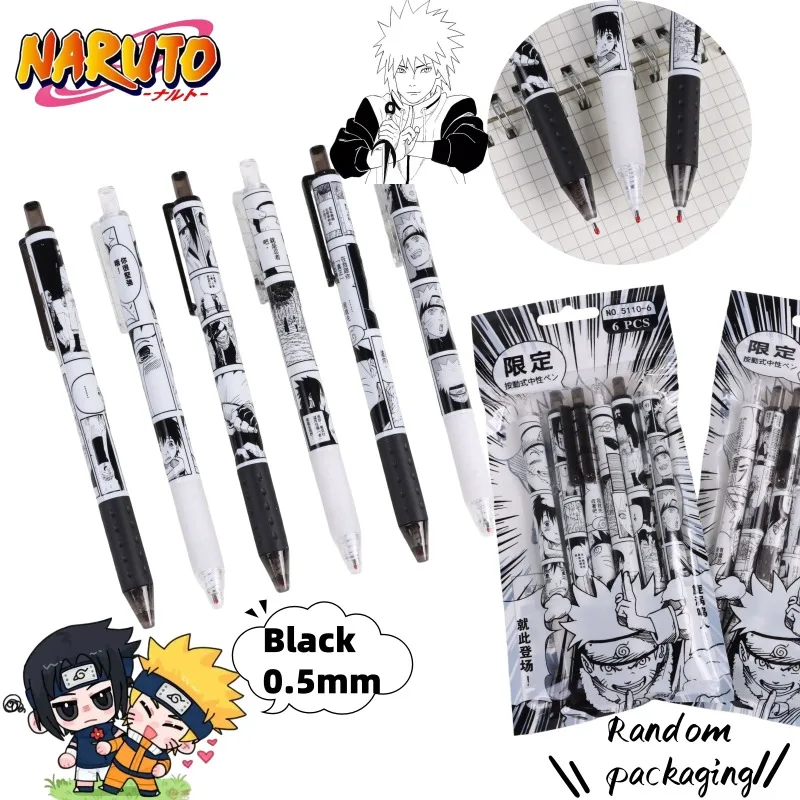 Caneta Gel Retrátil Naruto Uchiha Sasuke com Padrão de Anime em Preto e Branco, Personalizada para Meninos, Caneta de Tinta Preta de Secagem Rápida