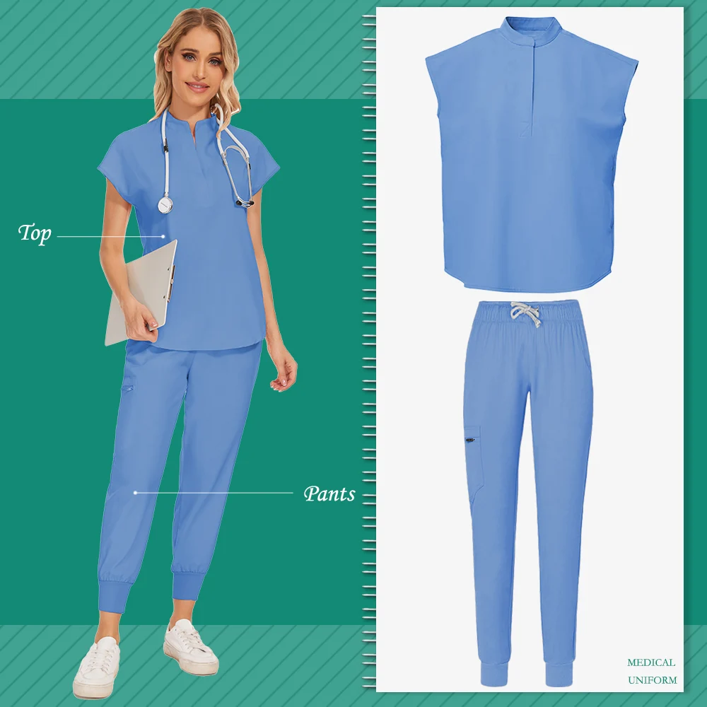 Medizinische Kleidung für Frauen, Krankenschwester-Uniformen, OP-Bekleidungsset, Krankenhaus-Arbeitskleidung, Großhandel, medizinische neue blaue Overalls, Unisex, solide Uniform – Detail 8