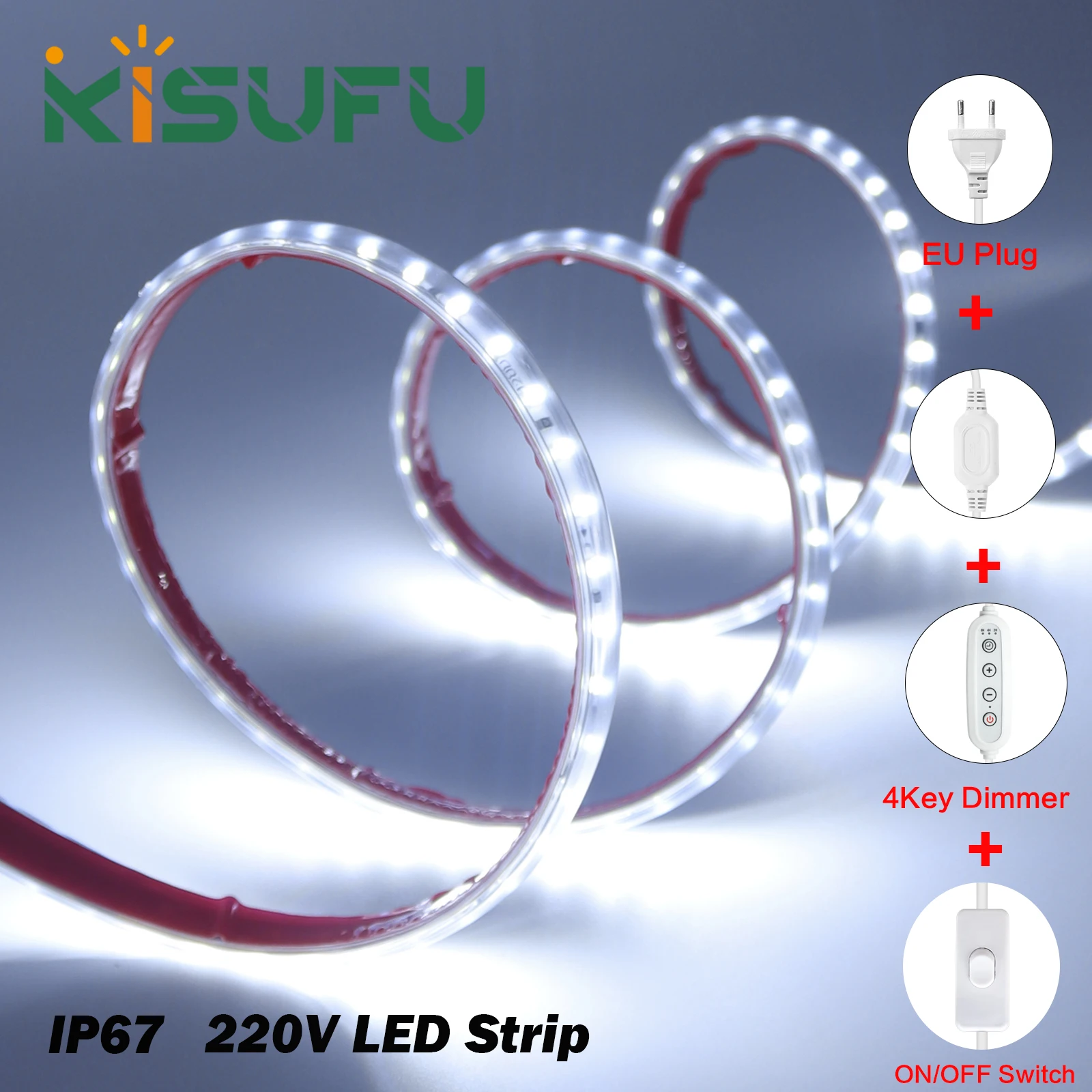 

220V LED Strip Light 2835 Dimmer/Switch Power Kit Waterproof 120LEDs/M White Natural Warm 10CM Cut Flexible Adhesive Tape 1M-35M