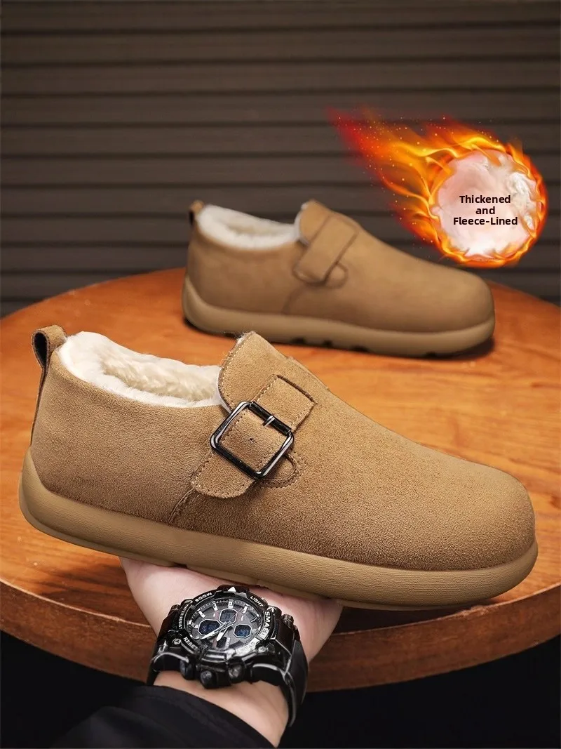 Men's Winter Fleece Lined Slip-On Snow Boots Thick Bottom Anti-Slip Birkenshoes Leather And Fur Integrated Waterproof Casual ...