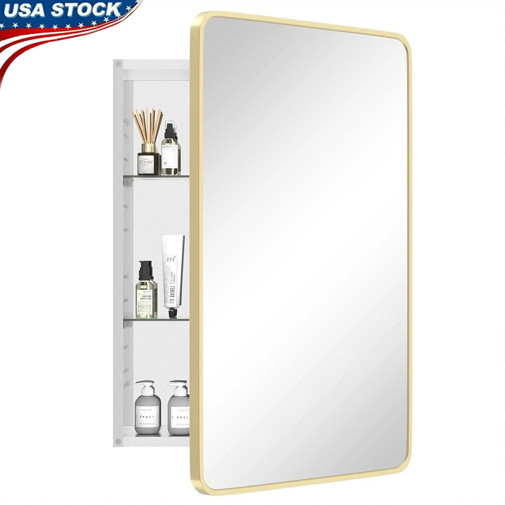 Recessed Bathroom Medicine Cabinet with Beveled Mirror Gold Metal Frame Adjustable Shelves High Definition Explosion-Proof Glass