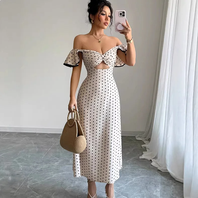 Cross V Neck Off Shoulder Polka Dot Mini Dress Dresses Spring Summer Bodycon