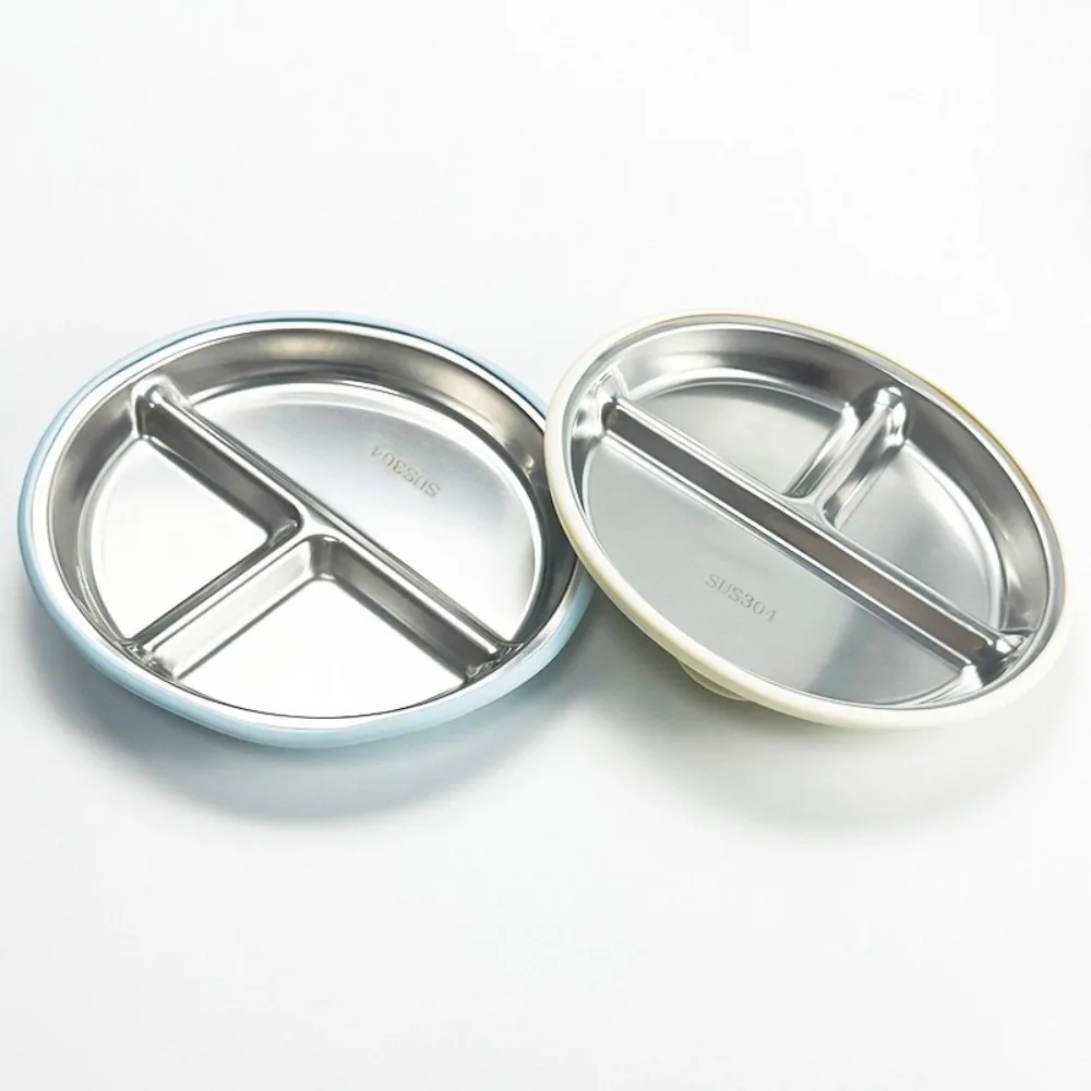 Divided Design Suction Cup Plates Silicone Shell 304 Stainless Steel Baby Sucker Dining Plate Anti-fall Non-Slip