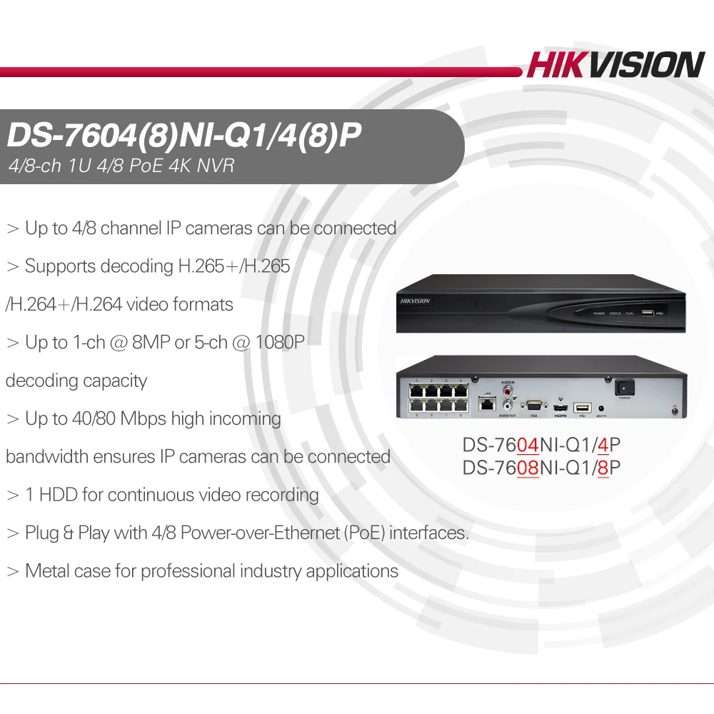 Hikvision NVR 8-ch 1U 8 PoE 4K NVR DS-7608NI-Q1/8P Up to 8-ch IP Camera inputs Network Video Recorder Support Third-party Camera