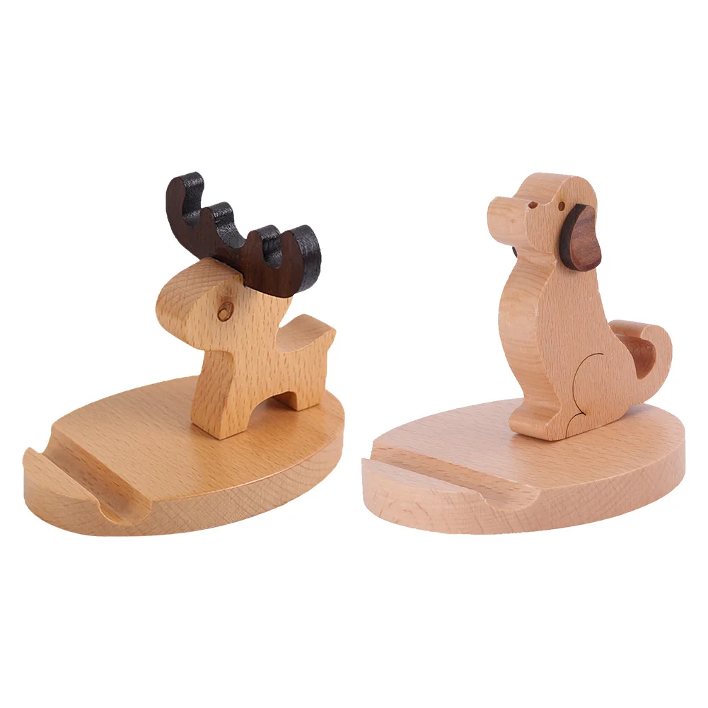 Cute Dog/Deer Smartphone Desk Holder Non-Slip Wooden Cell Phone Stand Dock Holder Mobile Desktop Stand for All Mobile Phones