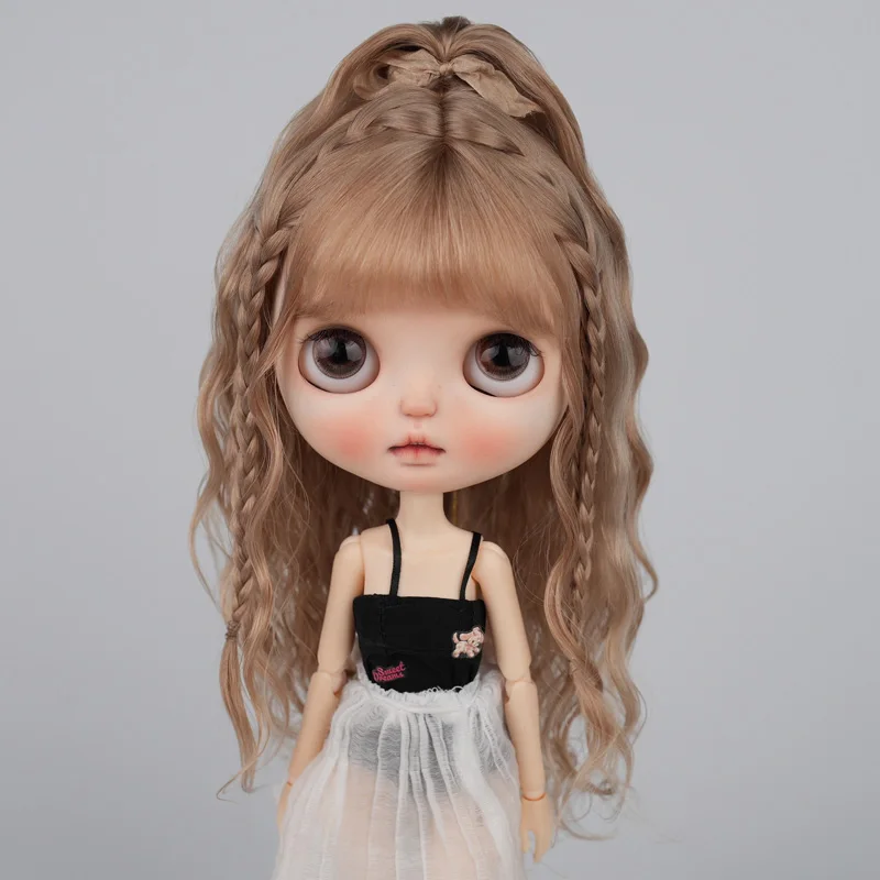 BJD peruca de cabelo longo ondulado, cabeça grande, peruca Blyth, macio Mohair Bangs trança, metade rabo de cavalo cabelo curto, se ajusta 9-10 "cabeça