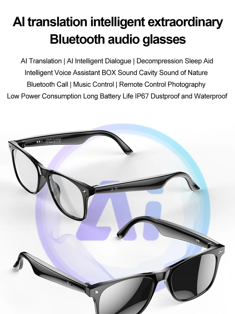 

Bluetooth-наушники, умные очки, перевод в реальном времени с искусственным интеллектом, воспроизведение музыки вызова, водонепроницаемые модные умные очки для мужчин и женщин