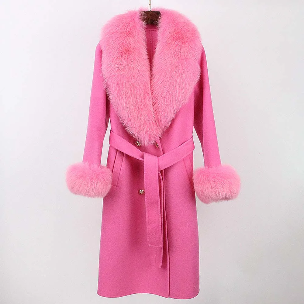 

2025 Winter New Fashion Real Fur Coat Long Jacket Women Natural Wool Blends Cashmere Double Breasted Belt Warm Streetwear