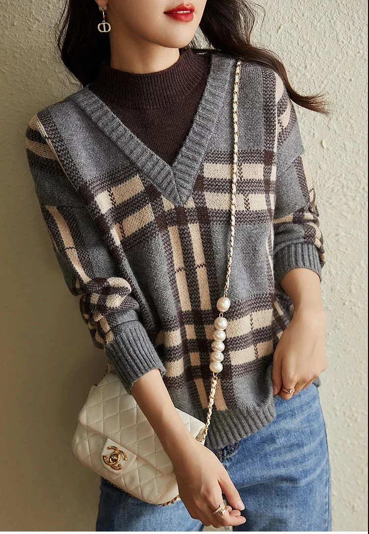 Women's Semi-Turtleneck Fake Two Vintage Plaid Sweaters