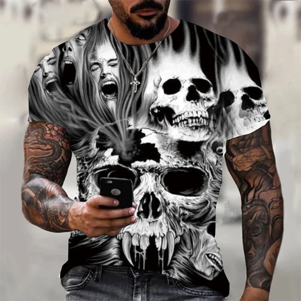 Men Gothic Skull Graphic T‑Shirt Horror Screaming Face 3D Print Short Sleeve O‑Neck Punk Tees