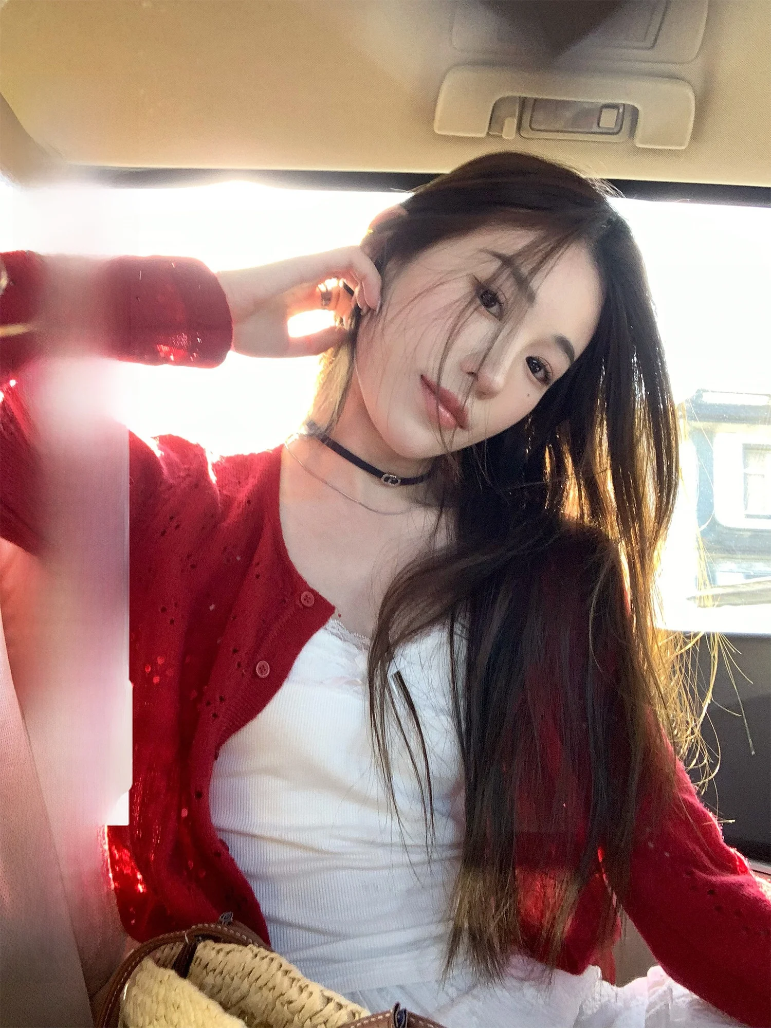 

Red Hollow out ort Knitted Cardigan Women's Spring Autumn Slimming Sun Protection Long Sve Top Hhi CherryJuice