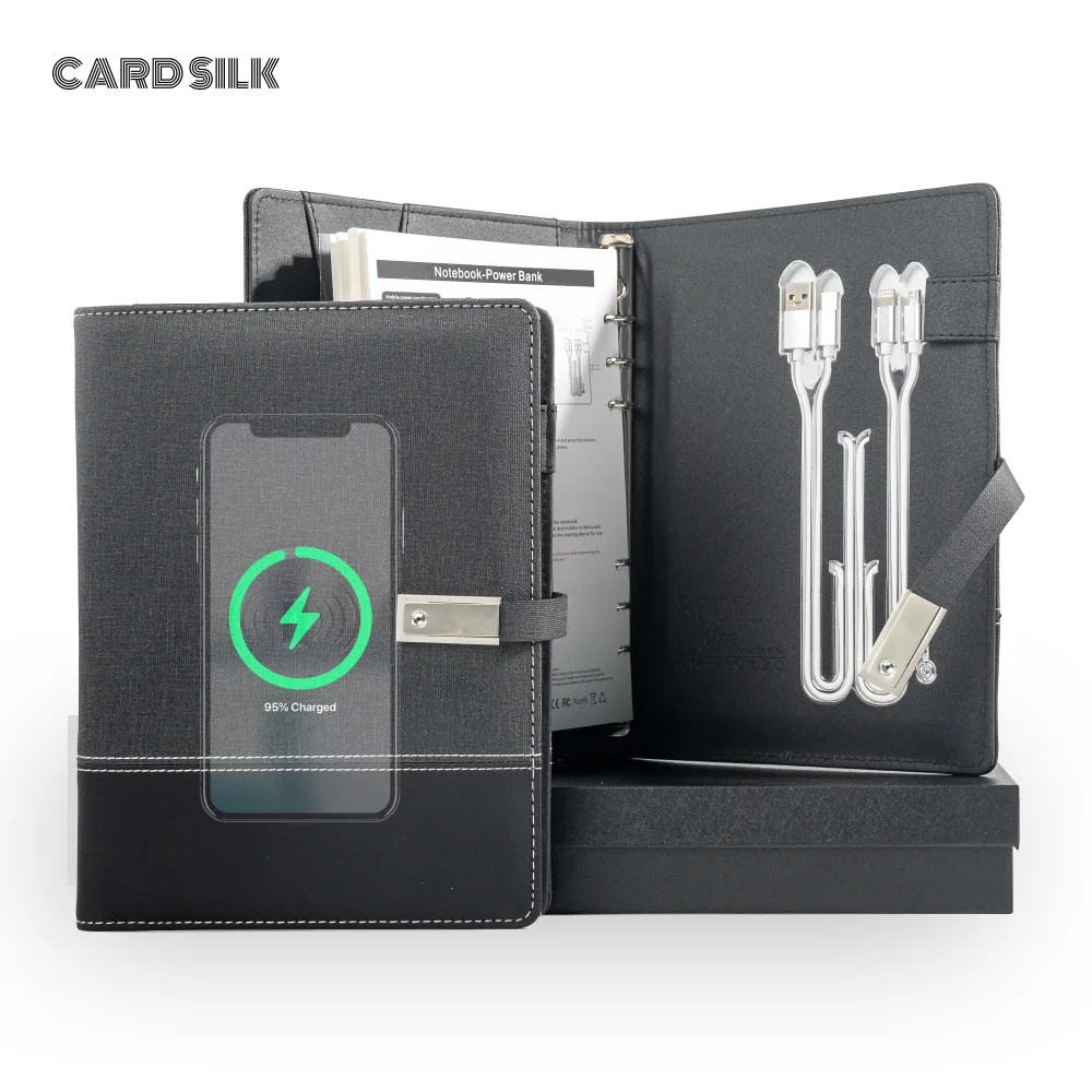 دفتر ملاحظات A5 مزود بنك طاقة مدمج، شحن لاسلكي، كابل شحن 3 في 1، محرك USB، مجلة متعددة الوظائف للمكتب