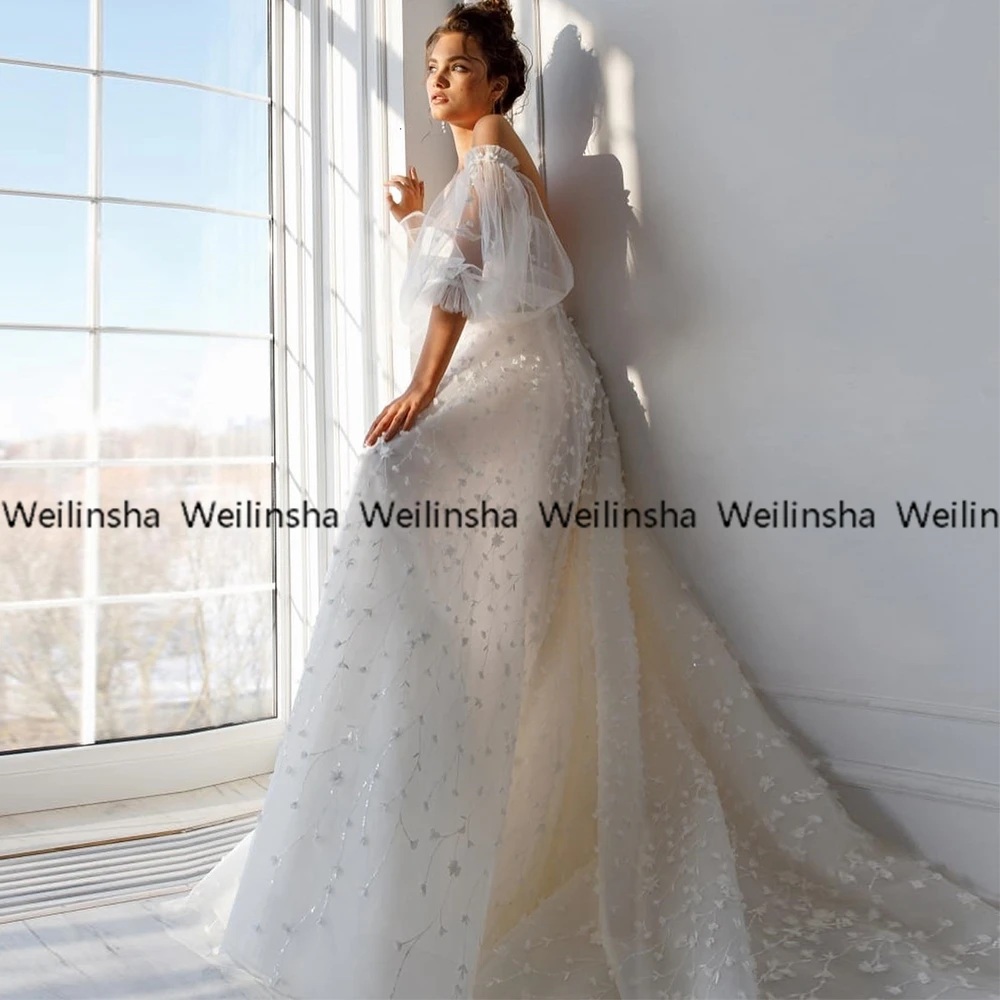 Angepasst Weilinsha V-ausschnitt Weiß 3D Blume Brautkleider Sommer Weg Von Der Schulter Tüll Brautkleider Zipper Zurück Vestidos De F