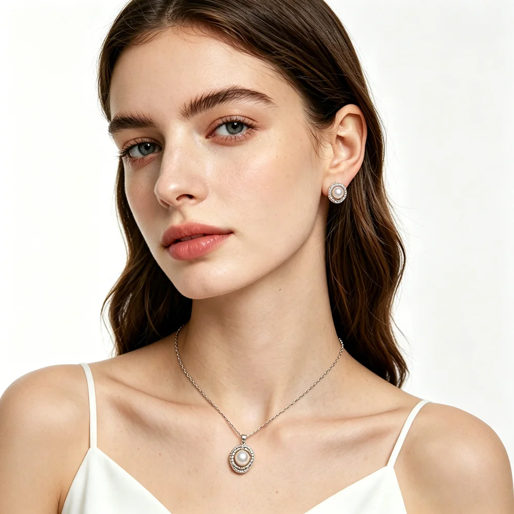 Original weißes Naturperlen-Halsketten- und Ohrring-Set für Damen, echtes 925er Sterlingsilber, Perlenohrring-Set, Geschenk für Frau, Mutter, Jahrestag – Detail 1
