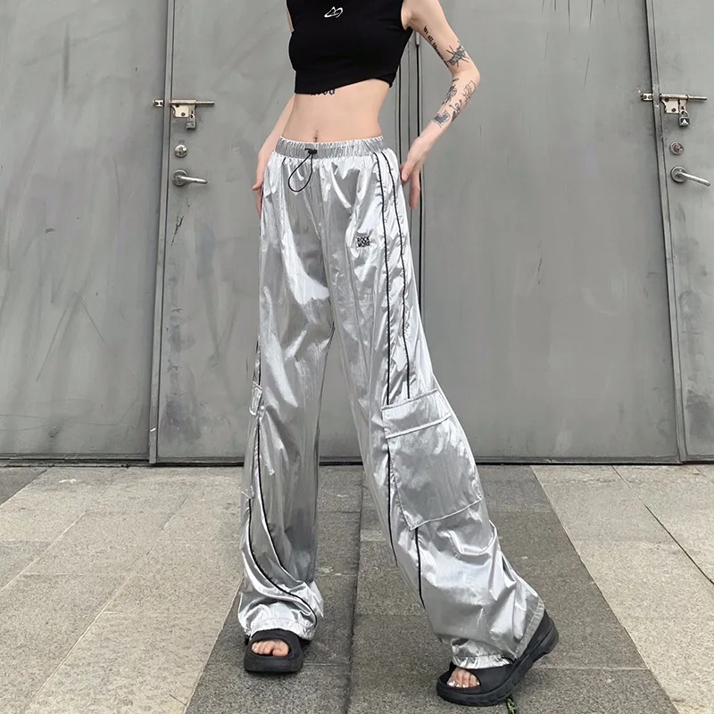 Y2k Women Drawstring Jogger Pants Casual Low Waist Side Stripe Patchwork Sweatpants Male Fashion Wide Leg Cargo Pants Streetwear