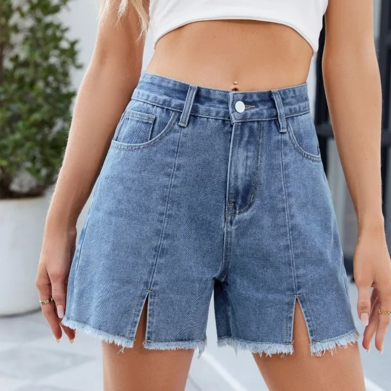 

Women's High Waist Denim Shorts - Stretchy Sexy Split Hem Hot Shorts Summer Casual Blue Jeans Shorts