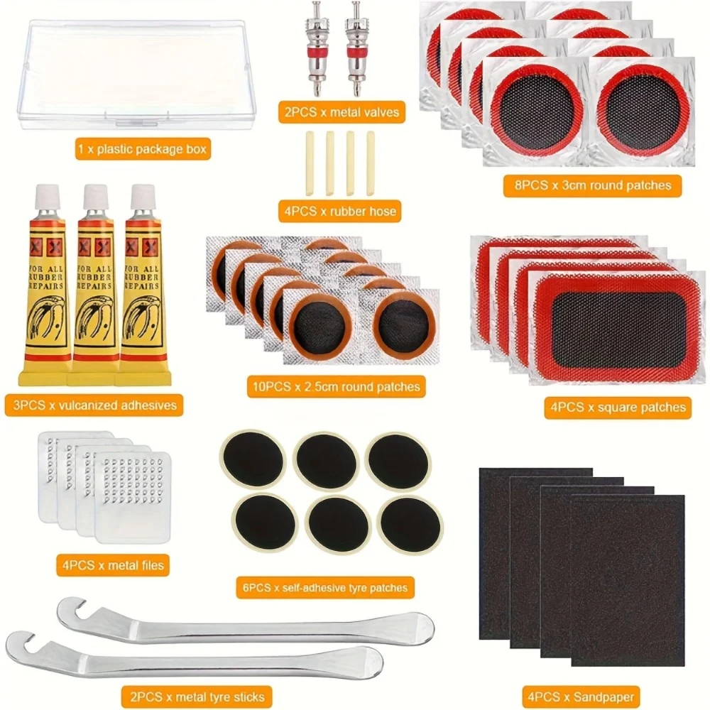 Kit de Reparación de Neumáticos de Bicicleta - Herramienta Esencial para Ciclistas con Parches, Rasquetas Metálicas, Palancas para Neumáticos y Pegamento para Reparaciones en Movimiento