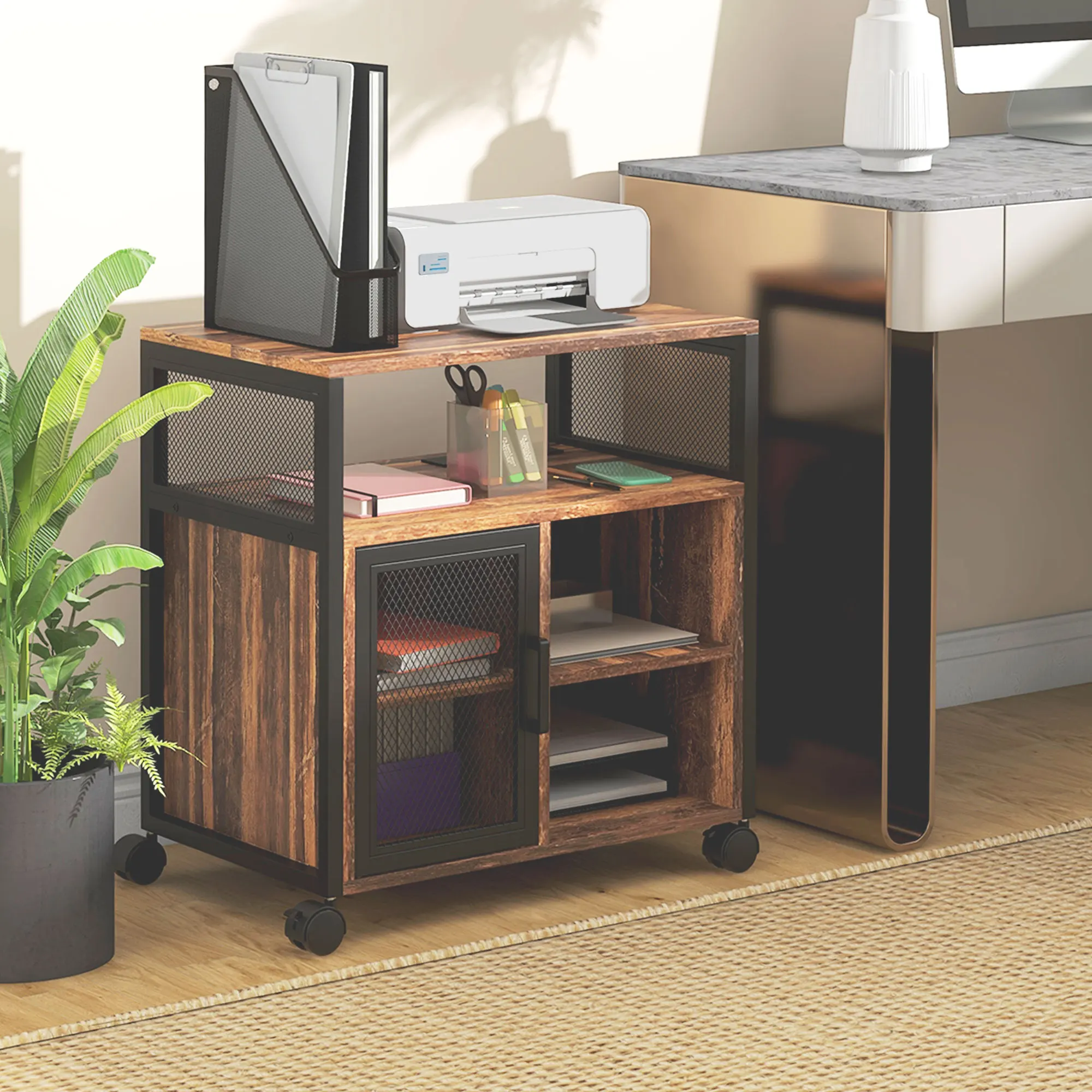 Vinsetto Printer Stand Table with Socket USB Charging Ports, Rustic Brown