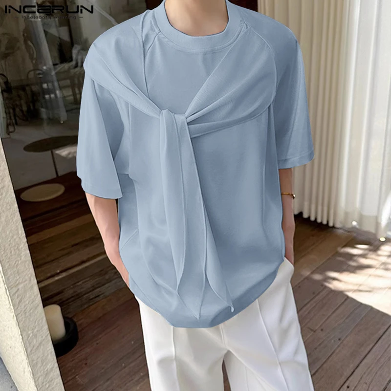 

Мужская футболка с однотонным круглым вырезом и коротким рукавом на шнуровке, мужские футболки, летняя уличная одежда в корейском стиле, свободная повседневная мужская одежда INCERUN