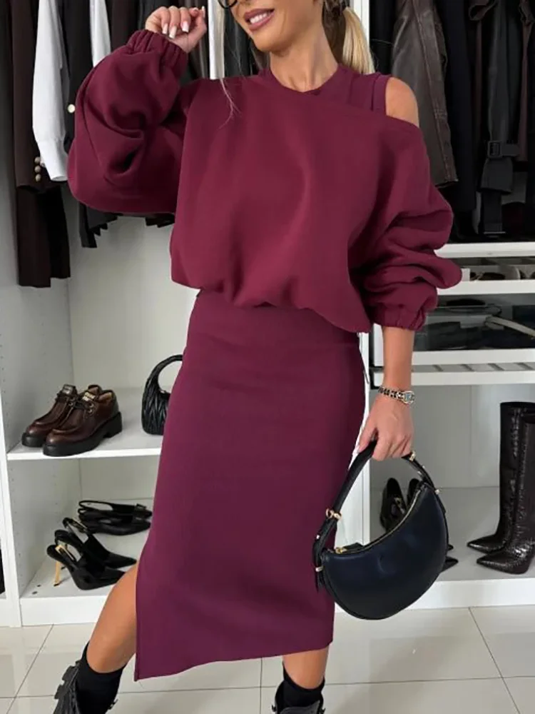 Women Simple Solid Patchwork Two Pieces Sets, Autumn Winter Skew Collar Top Maxi Dress Suits, Long Sleeve Casual Ladies Outfit