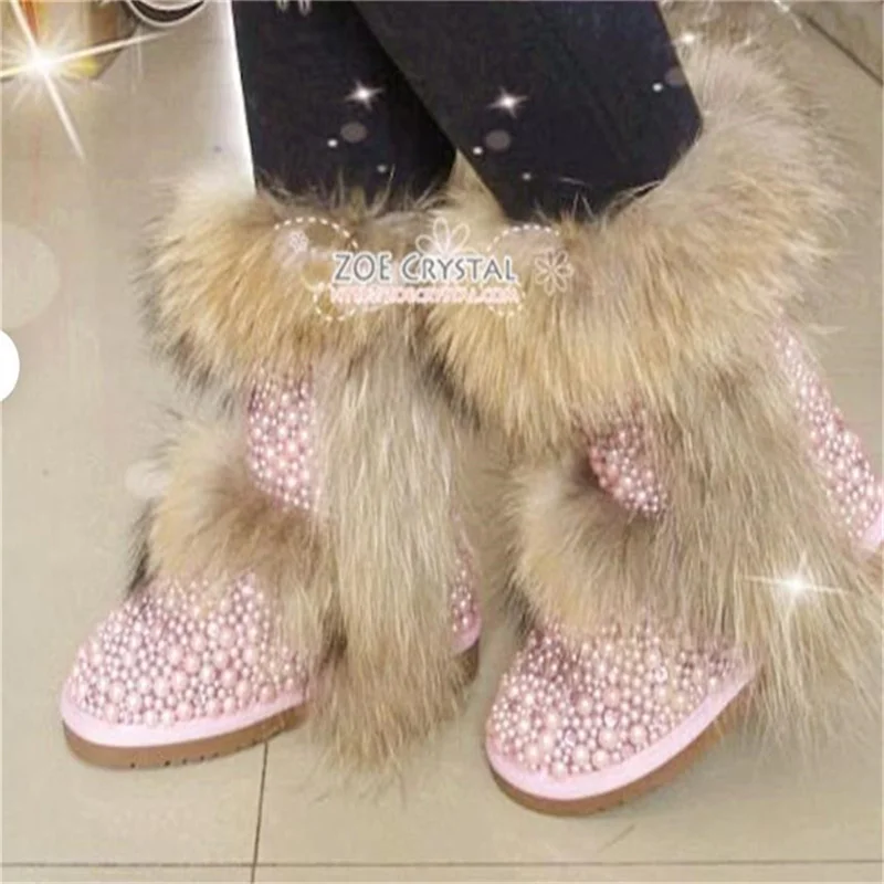 Luxury pearl natural fox fur women's cotton shoes custom tall full pearl fur one large size plus cashmere snow boots 35-44