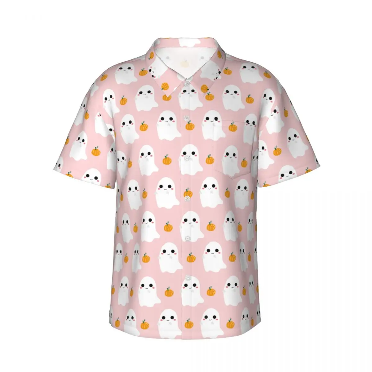 

Men's Cute Pink Halloween Ghost With Pumpkin Fashion Shirts Print Shirt Summer Party Cartoon Men Casual Blouse