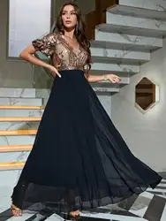 Unithorse Contrast Sequin Puff Sleeve Chiffon Formal Dress