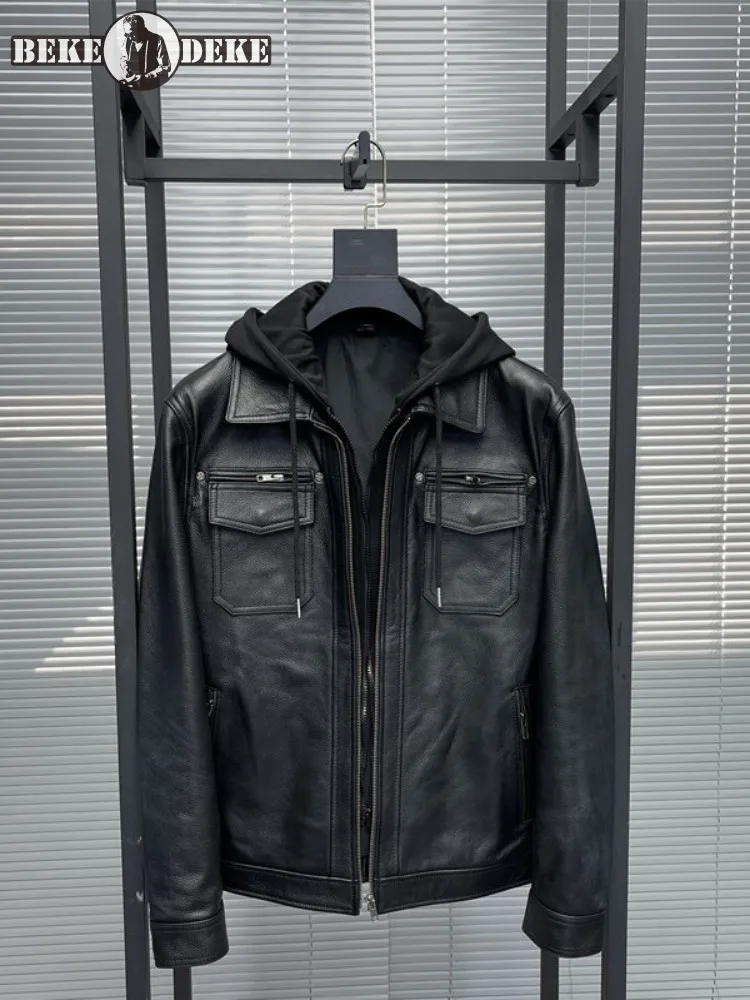

Fashion Punk Men Genuine Leather Motorcycle Jacket Zipper Removable Hooded Long Sleeve Spring Streetwear Cowhide Short Coat Male