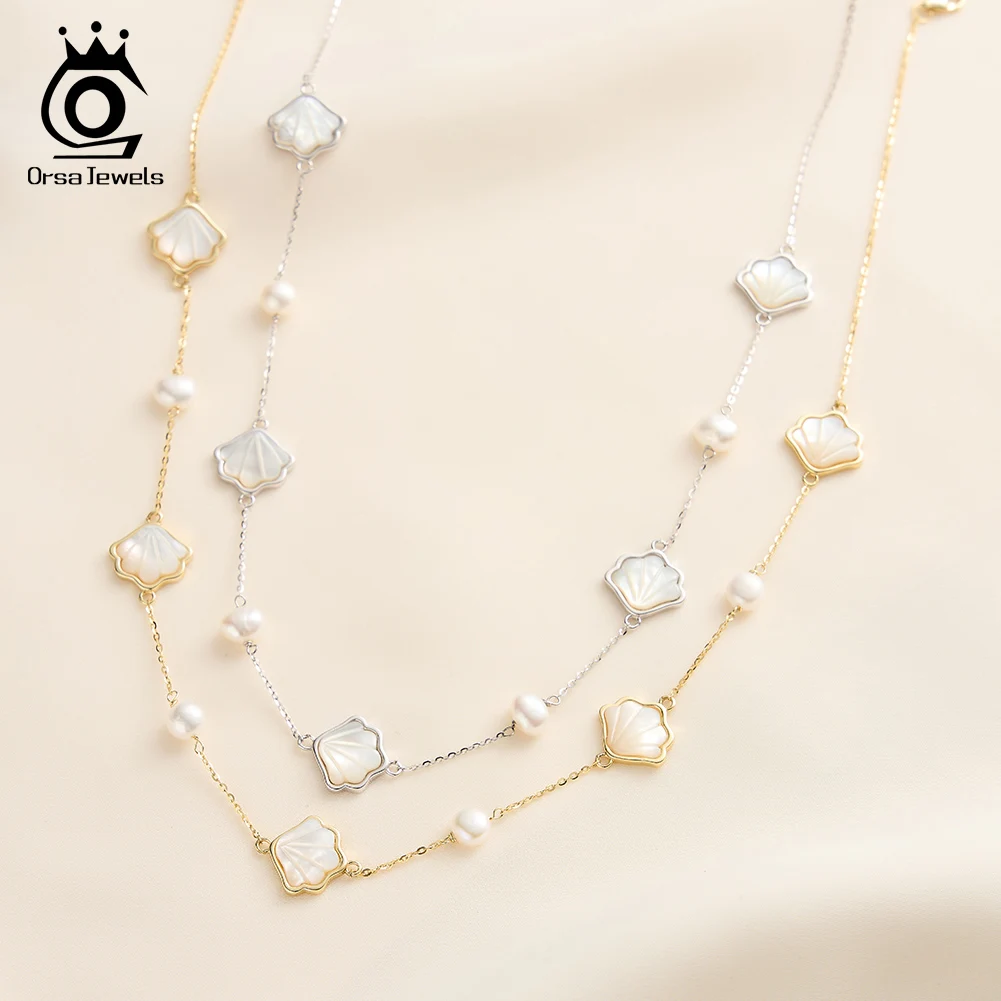 

ORSA JEWELS Fashion Natural Flower Necklace Set Freshwater Pearl 925 Sterling Silver White Shell Chain Bracelet Earrings GPE120