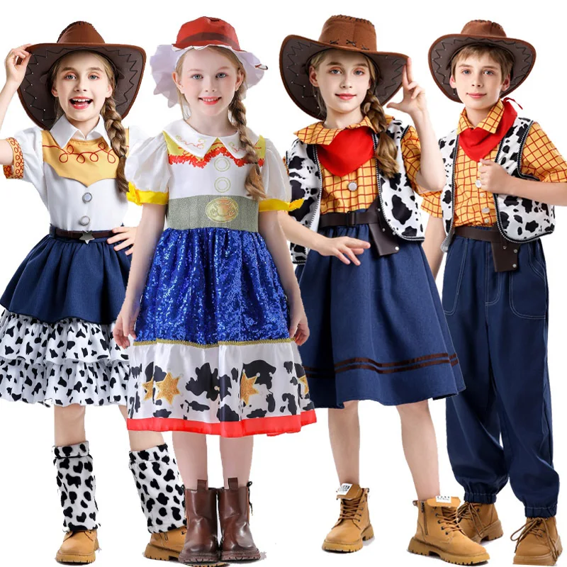 

Kids Halloween Cosplay Toy Story Costumes Cowboy Outfits with Hats Theme Party Role Playing Performance Clothing