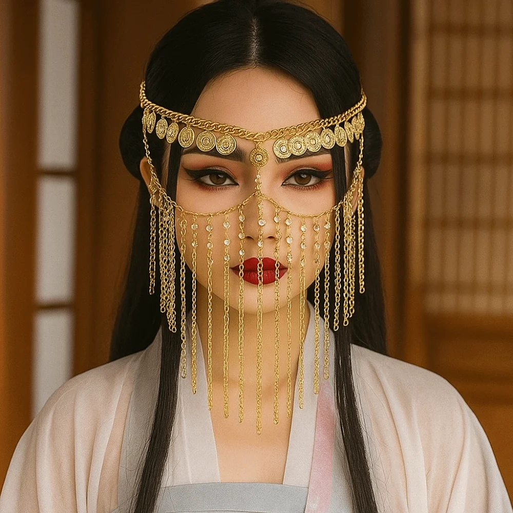 Creatieve Coin Bell Buikdans Gezichtssluier Strass Etnische Stijl Gordijn Hoofdketting Goud Cosplay Hoofdband Maskerade Masker Vrouwen
