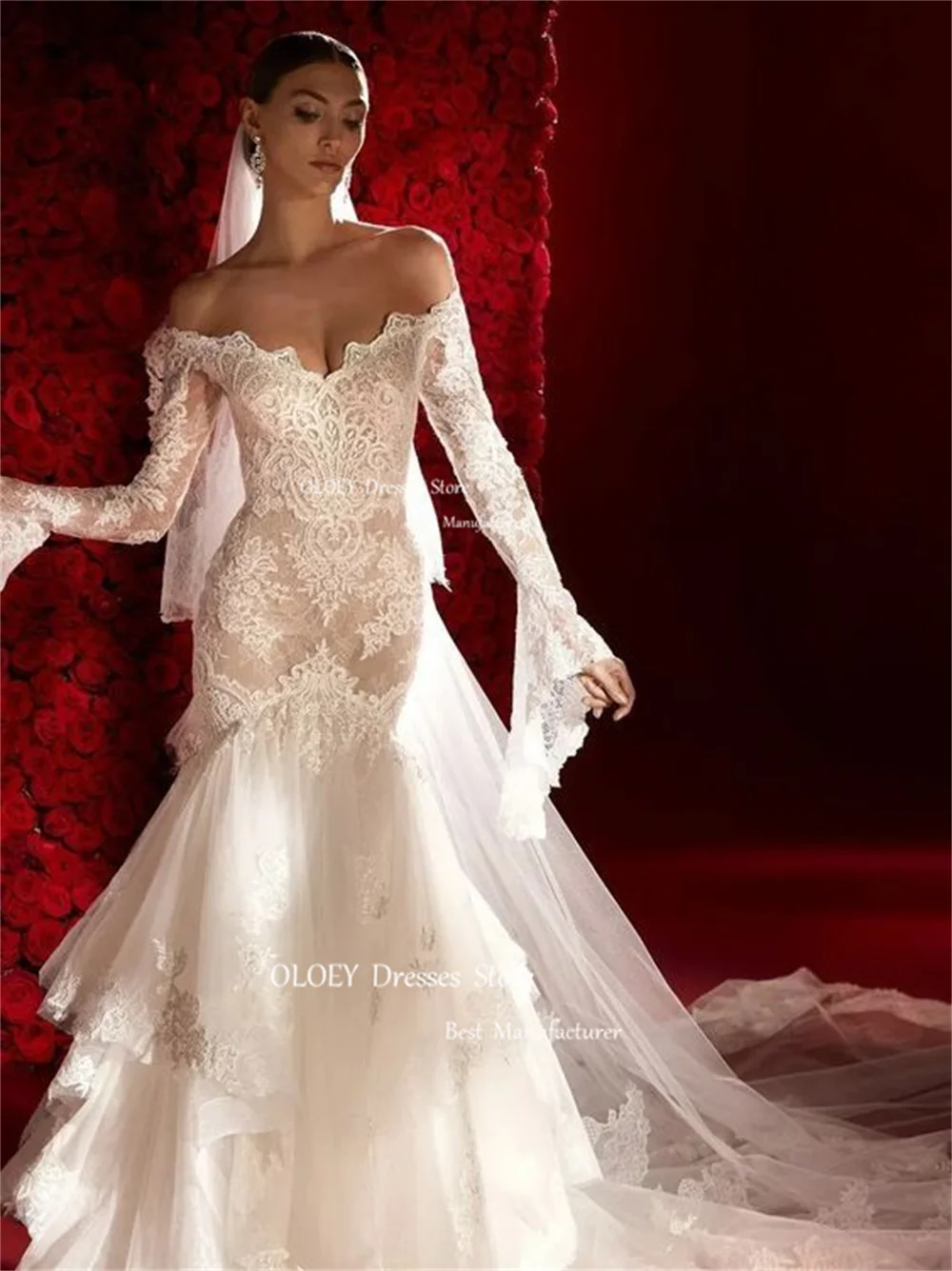 OLOEY Exquisite Lace Mermaid Wedding Dresses Sweetheart Bridal Gowns Sweep Train Off Shoulder Long Sleeves 2024 New Custom Made