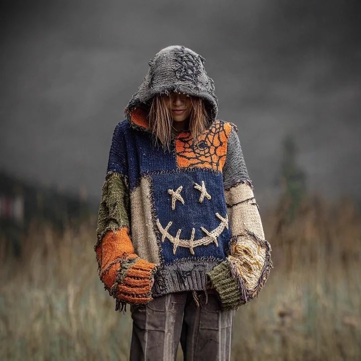 2025 بلوزات النساء المرقعة بلوزات وجه مخيف مطبوعة هوديي موضة طويلة الأكمام موضة كبيرة الحجم ملابس فضفاضة #3