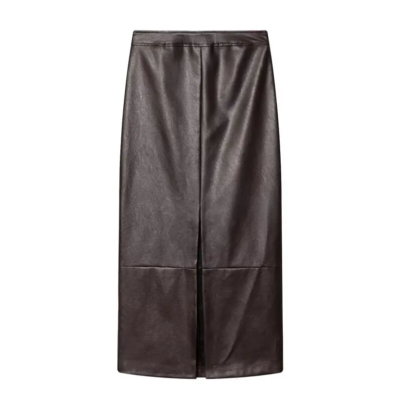 High Waist Leather Effect  Skirt Back Split Straight Cut Elegant Feminine Fashionable New Winter Collection 2025