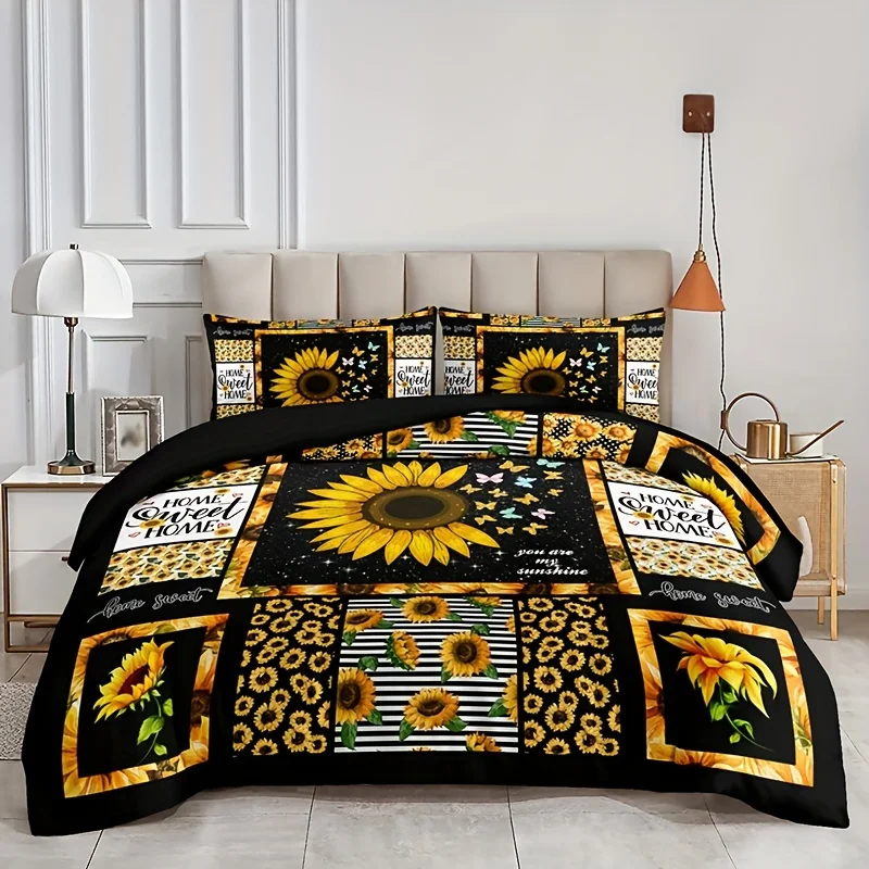 Sunflower Floral Fashion Country Style Duvet Cover Set Digital Print Home Decor Comforter Set Queen Size with Pillowcases