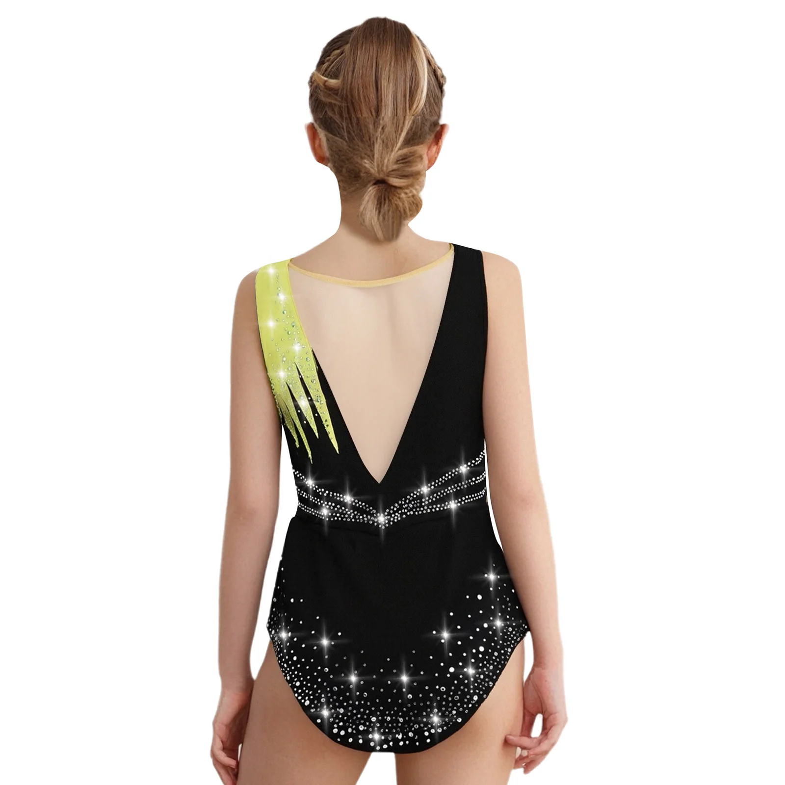 Kids Girls Rhythmic Gymnastics Sleeveless Leotard Shiny Rhinestones Bodysuit Ballet Waltz Latin Competition Performance Costume