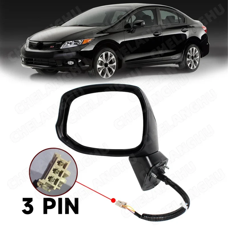 1Pc For Honda Civic 2012 2013 US Version Left Side Rear Mirror 3-Pin Power Adjust Satin Black Mirror Assembly